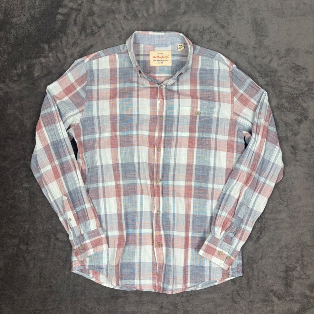 Weatherproof Vintage Button Down Shirt Mens Medium Red Plaid Long Sleeve Cotton